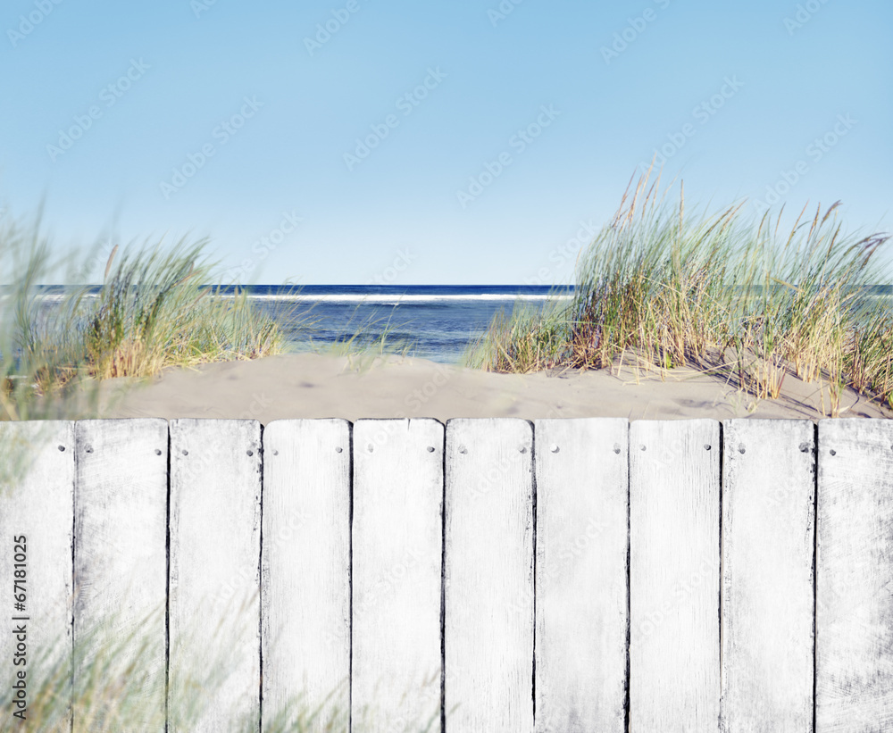 Fototapeta Beach and White Wooden Fence