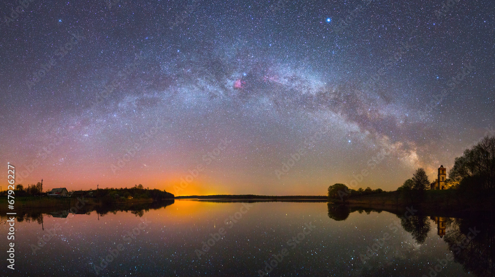 Obraz Tryptyk Bright Milky Way over the lake