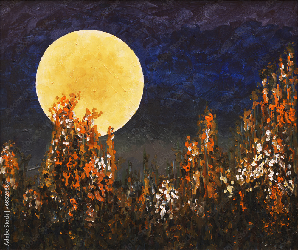Obraz Tryptyk Moonlit Landscape with Flowers