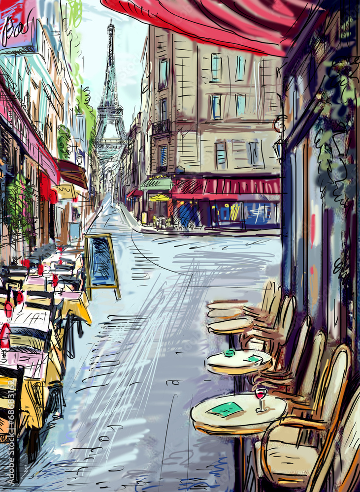 Obraz Tryptyk Street in paris - illustration