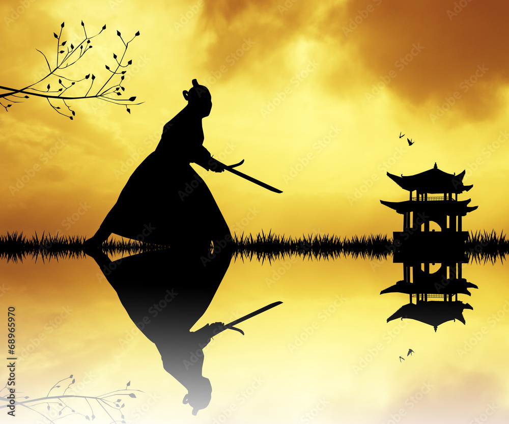 Obraz Pentaptyk Samurai silhouette at sunset