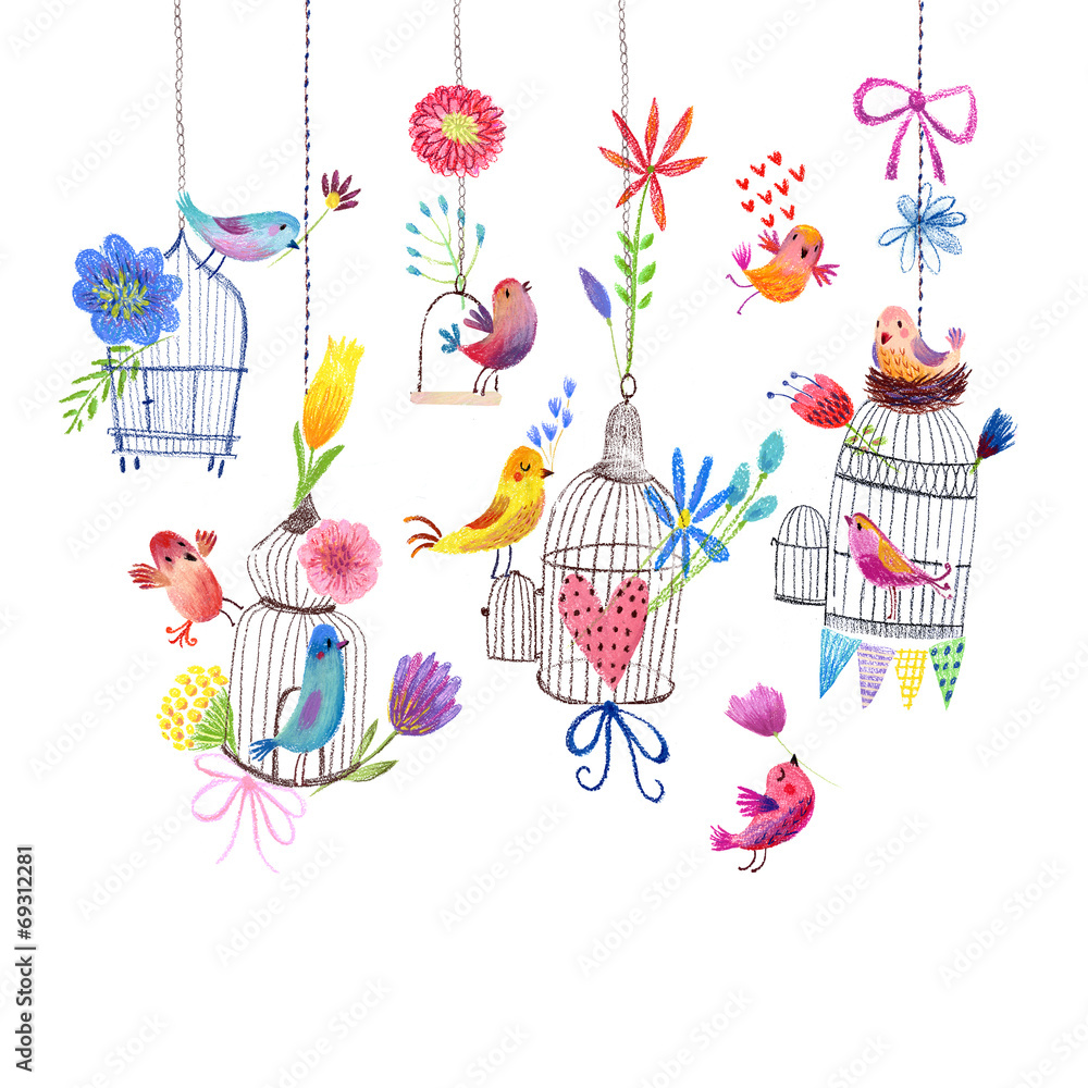 Obraz Dyptyk Cute card with birds and