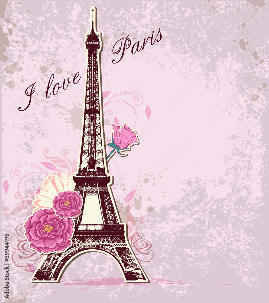 Obraz Pentaptyk Roses and  Eiffel tower
