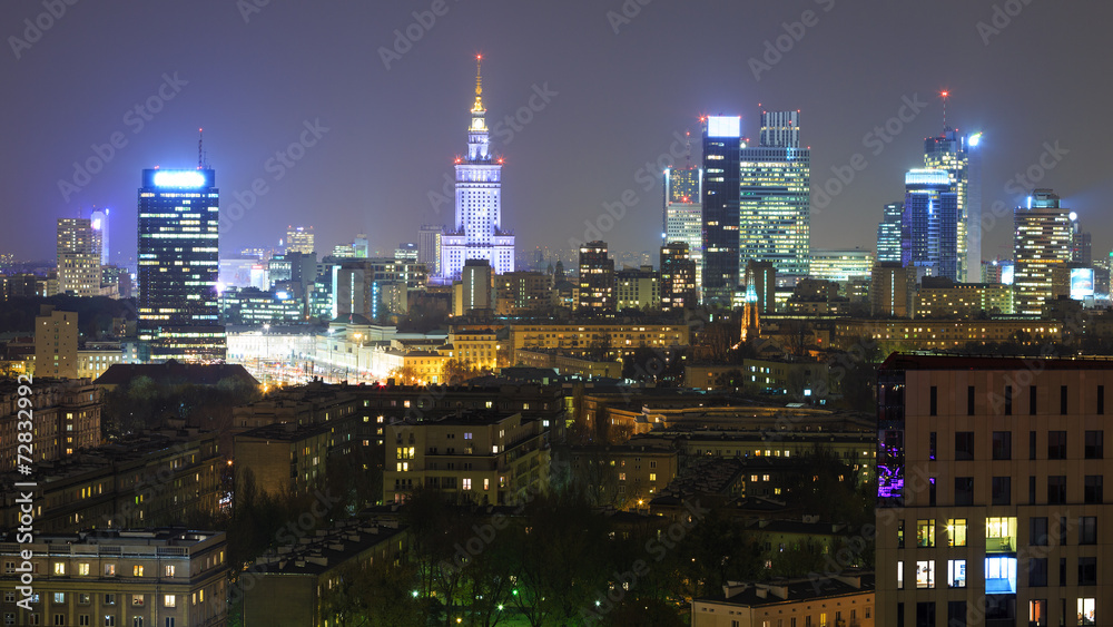 Obraz Tryptyk Panorama of Warsaw by night