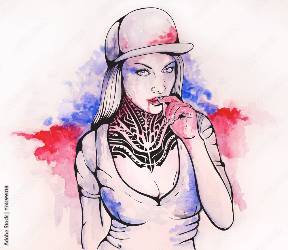 Fototapeta girl in a cap and tattoos