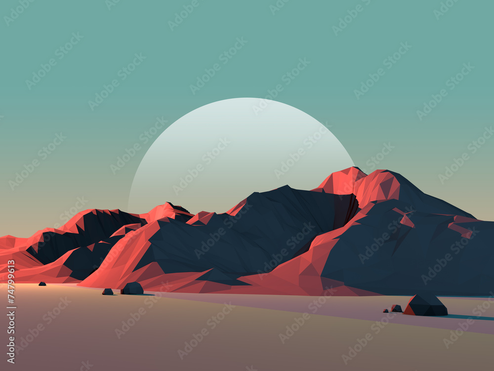 Obraz Tryptyk Low-Poly Mountain Landscape at
