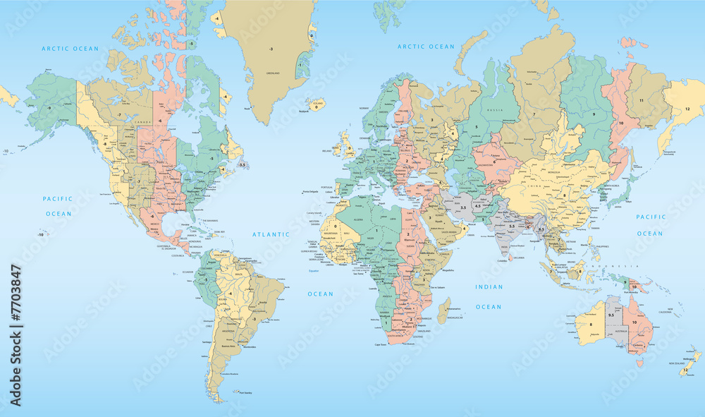 Obraz Pentaptyk World map with Time Zones