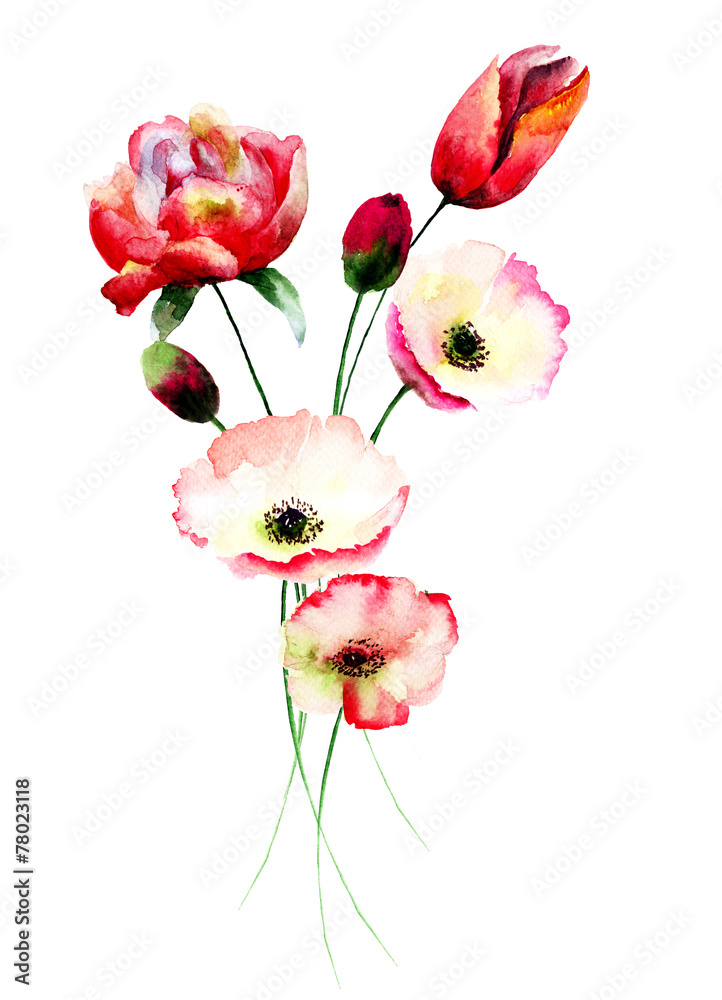 Obraz Pentaptyk Poppy and Tulips flowers