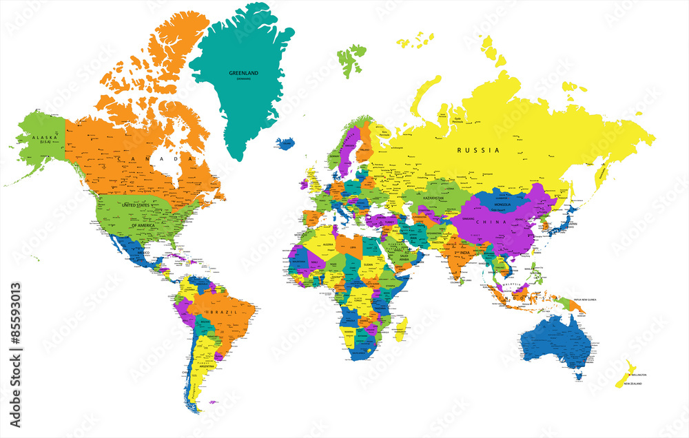 Obraz Tryptyk Colorful World political map