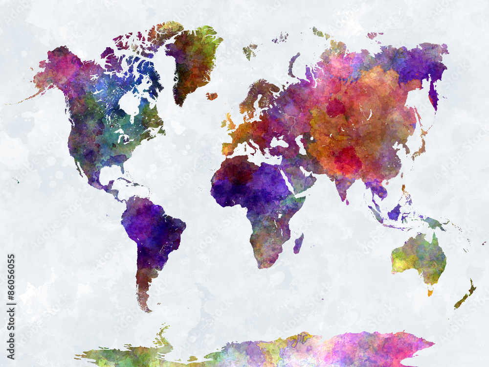 Obraz Tryptyk World map in watercolorpurple