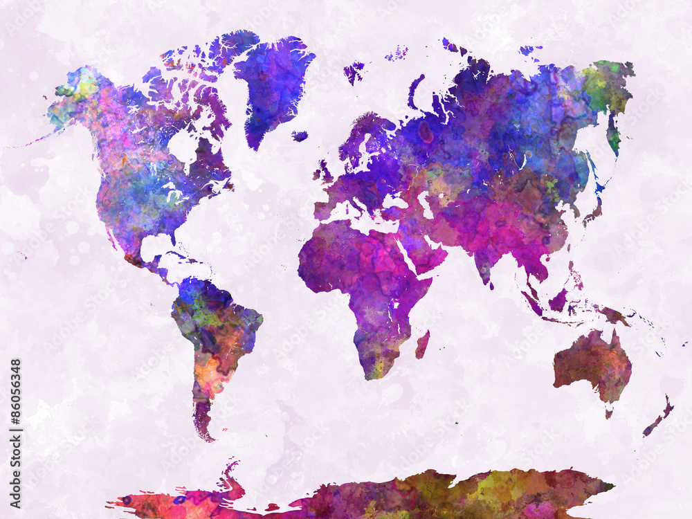 Obraz Tryptyk World map in watercolor purple