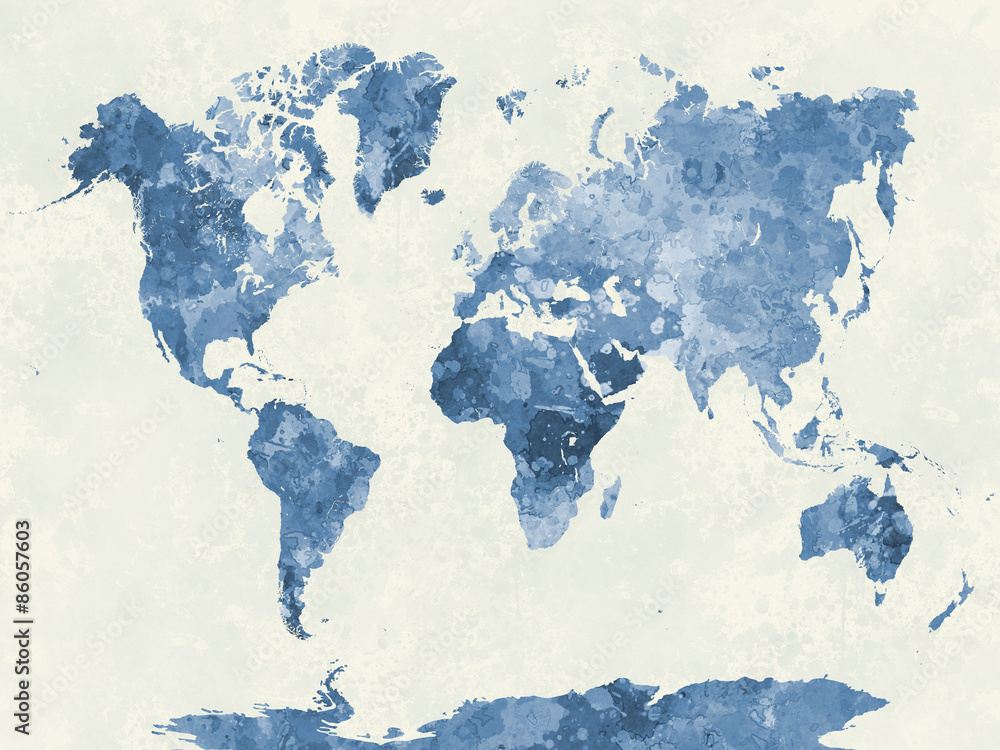 Fototapeta World map in watercolor blue