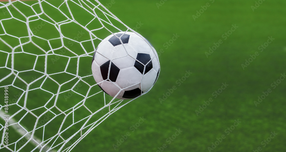 Fototapeta soccer ball in goal with green
