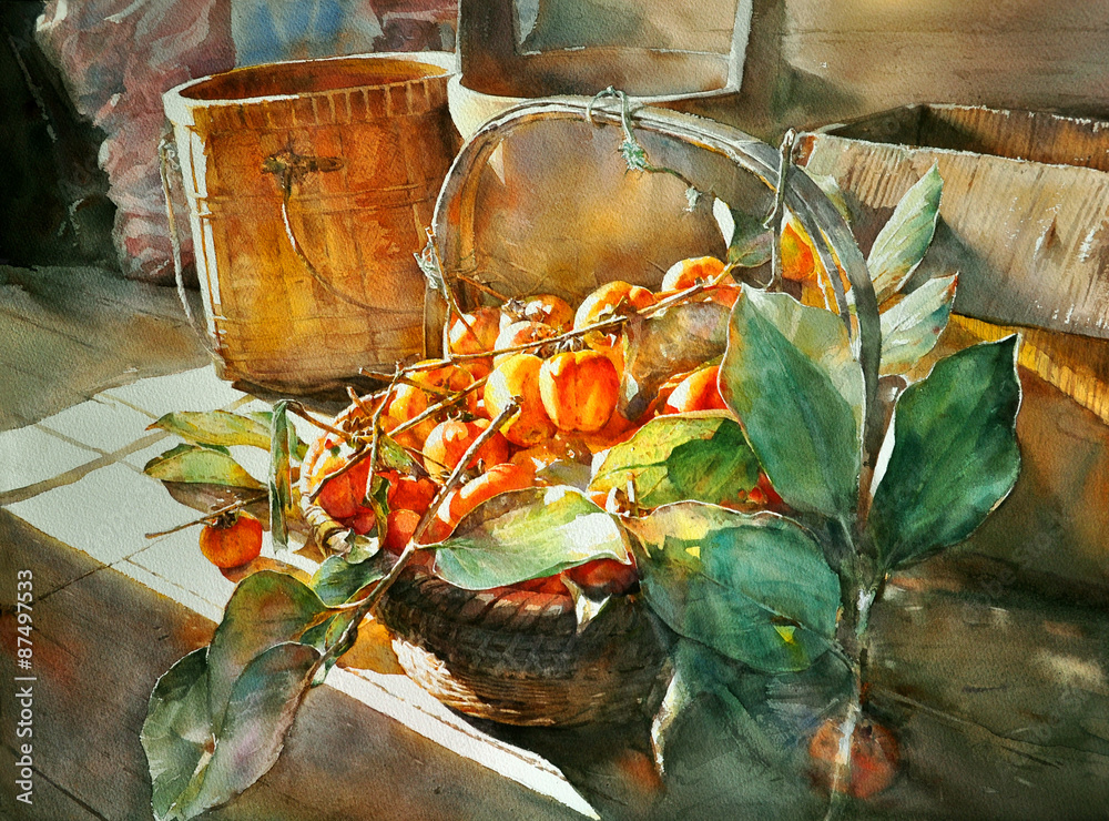 Obraz Tryptyk watercolor painting persimmon