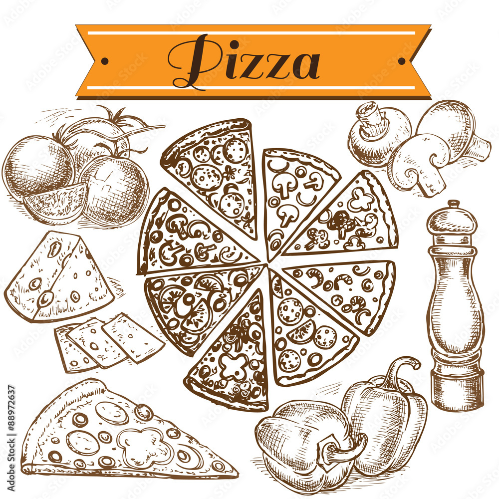 Obraz Pentaptyk hand drawn pizza collection