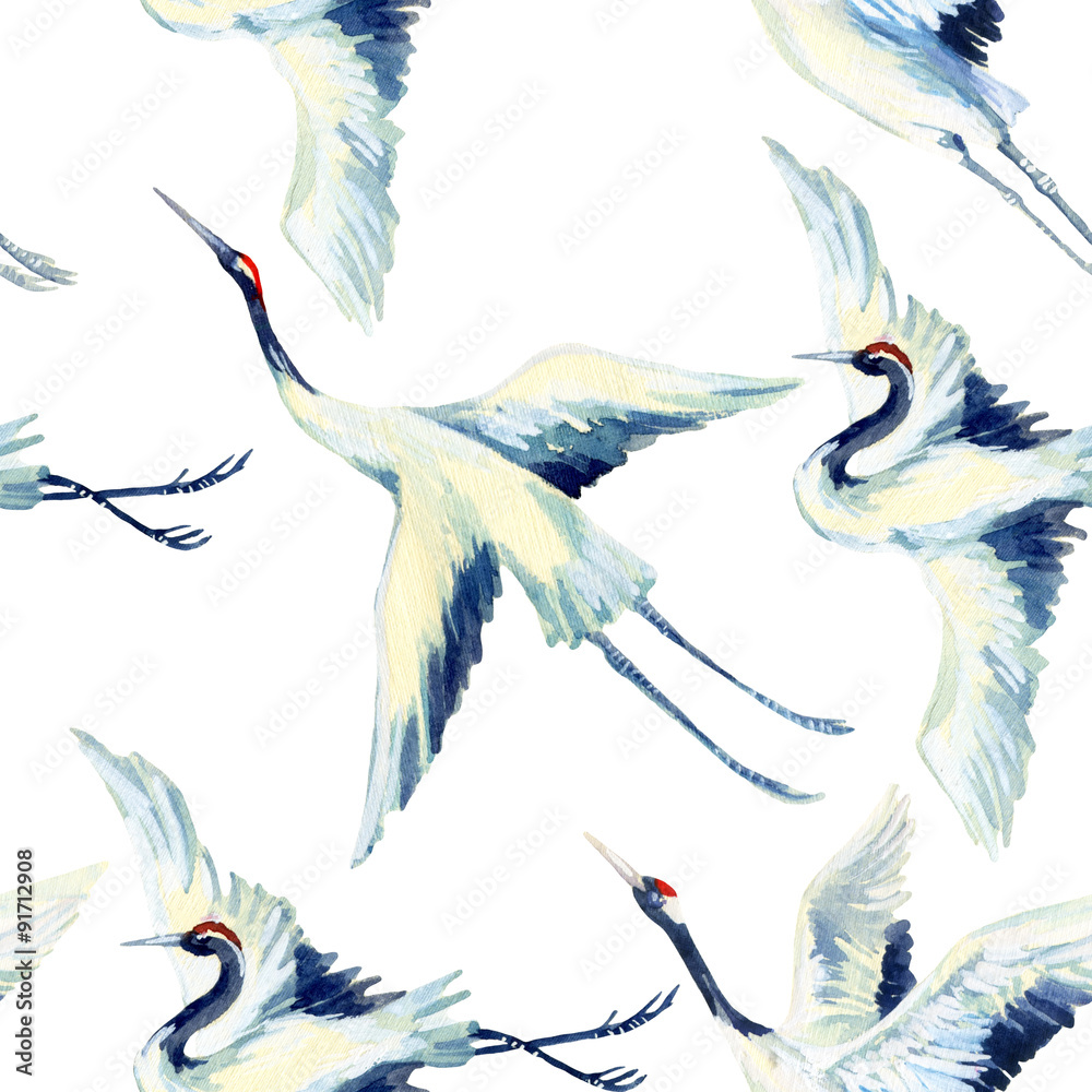 Tapeta Watercolor asian crane bird