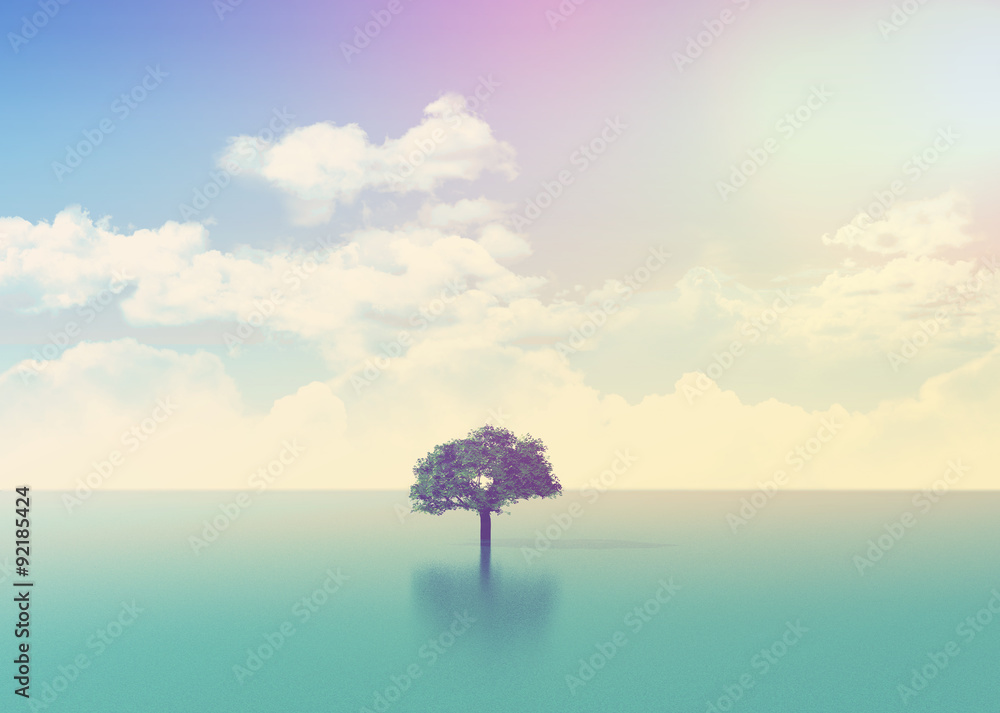 Obraz Kwadryptyk 3D ocean scene with tree with