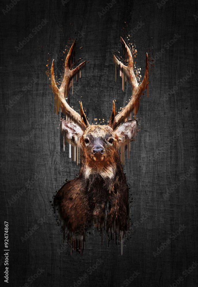 Obraz Tryptyk Deer on dark background. Paint