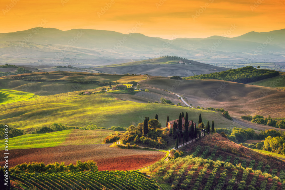 Fototapeta Tuscany landscape at sunrise.