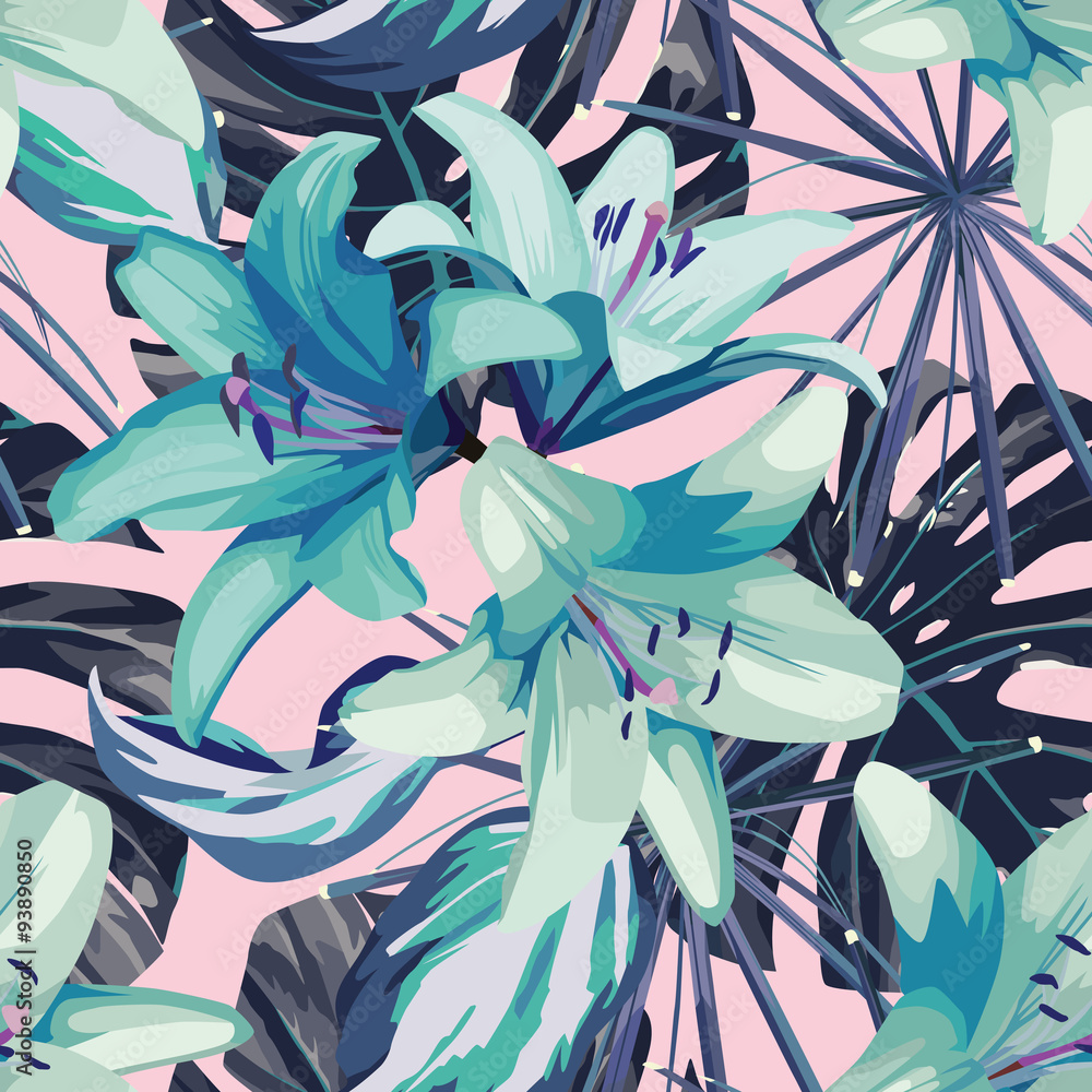 Obraz na płótnie blue lily and leaves seamless