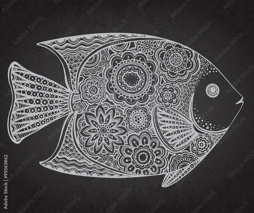 Obraz Tryptyk Hand drawn fish with floral