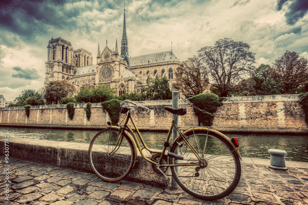 Fototapeta Retro bike next to Notre Dame