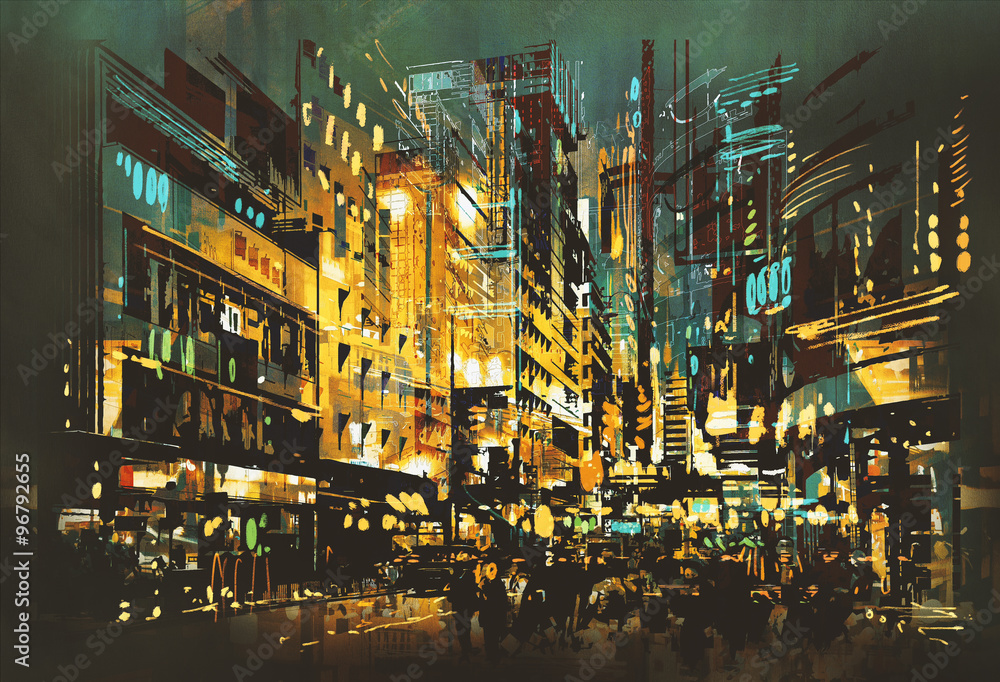 Obraz Pentaptyk night scene cityscape,abstract