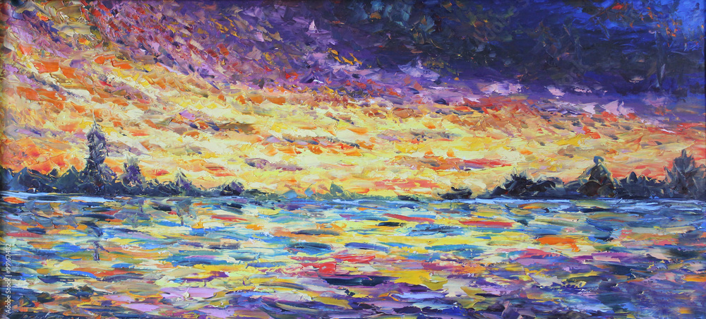 Obraz Dyptyk sunset over the lake, oil
