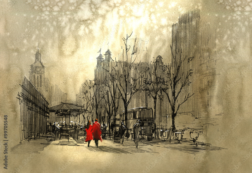 Obraz Kwadryptyk couple in red walking on