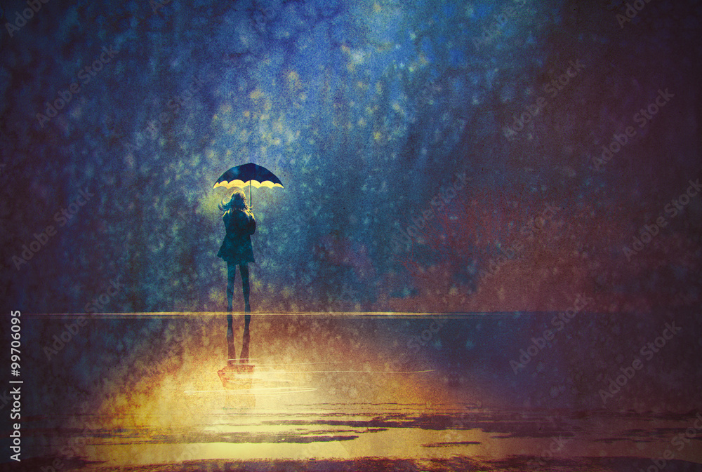 Obraz Tryptyk lonely woman under umbrella