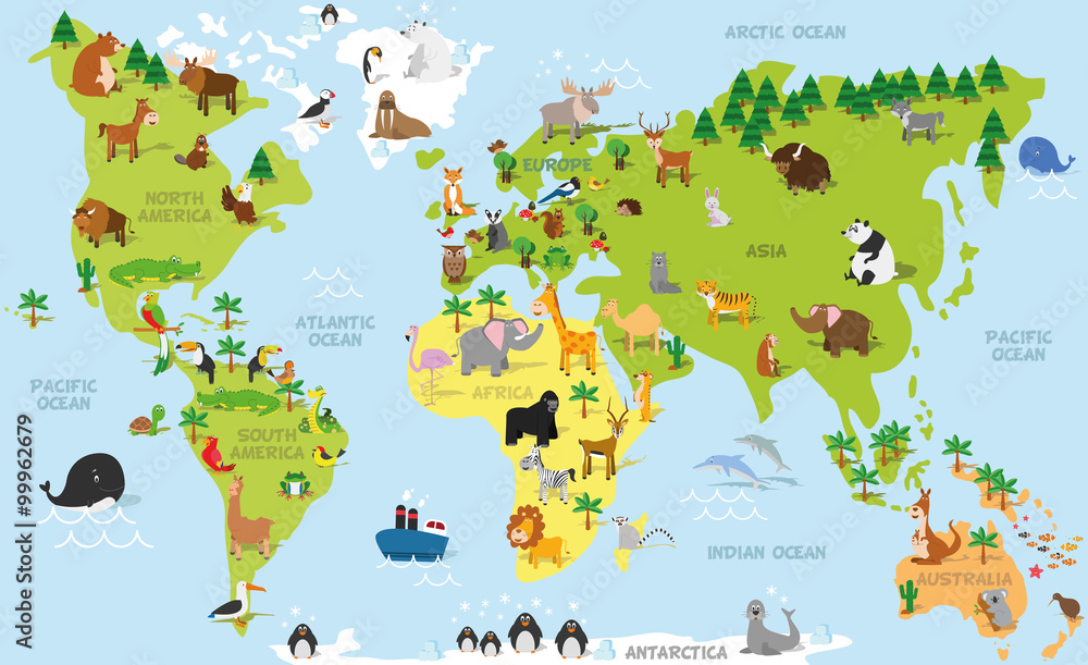 Obraz Tryptyk Funny cartoon world map with