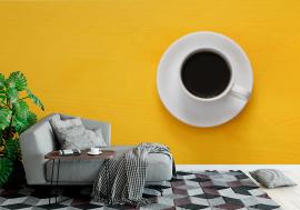 Fototapeta coffe cup on wooden yellow