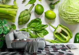 Fototapeta Green vegetables on a wooden