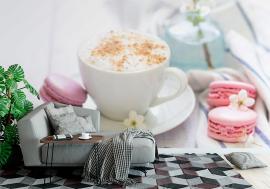 Fototapeta coffee and macaron in white
