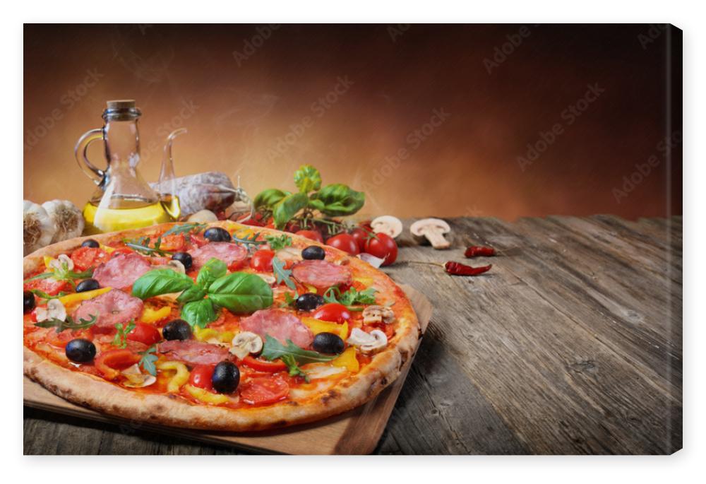 Obraz na płótnie Hot Pizza Served On Old Table
