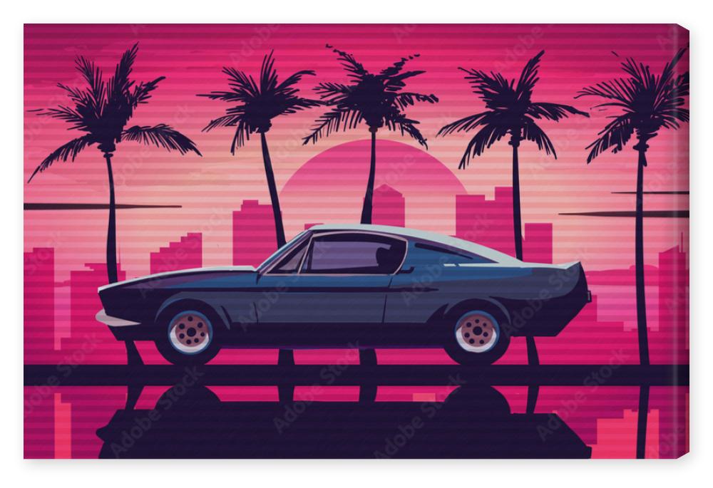 Obraz na płótnie Retro car rides among the palm