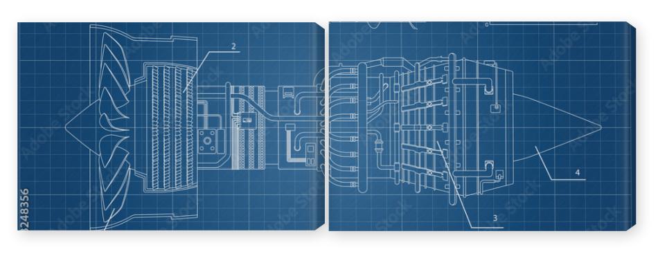 Obraz Dyptyk Jet engine in a outline style.