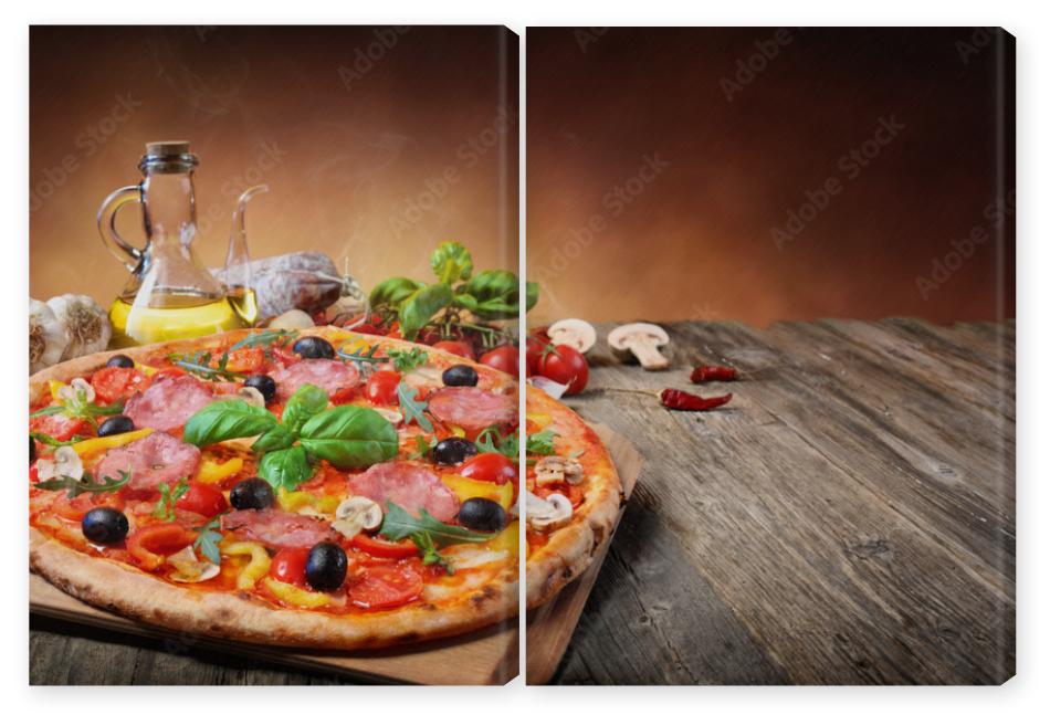 Obraz Dyptyk Hot Pizza Served On Old Table
