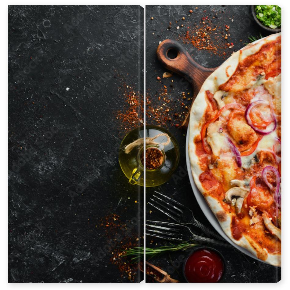 Obraz Dyptyk Homemade pizza on a black