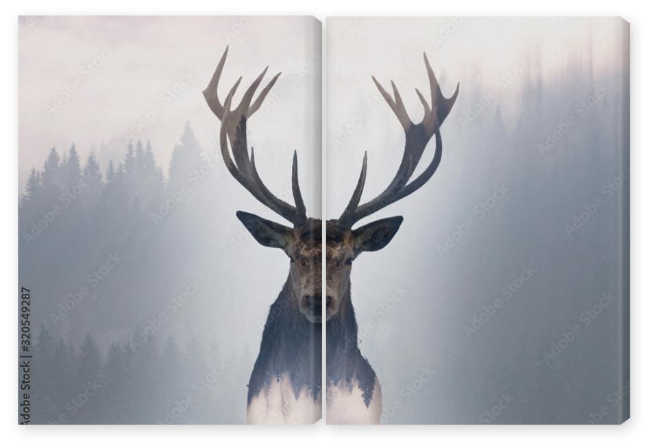 Obraz Dyptyk Red deer and the misty forest