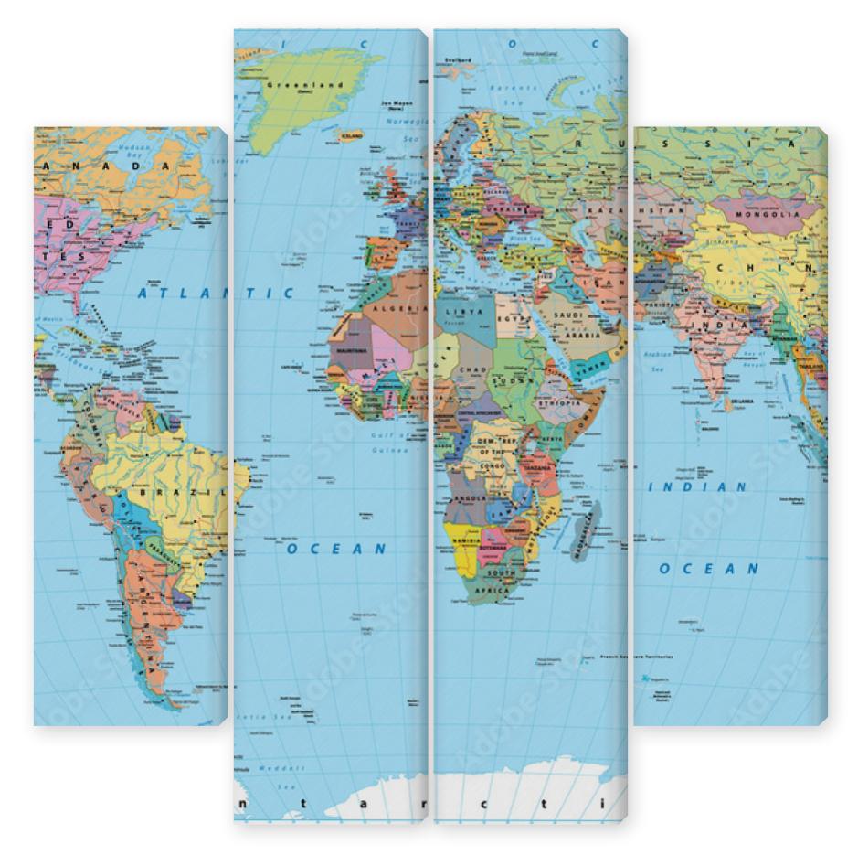 Obraz Kwadryptyk Colored World Map - borders,