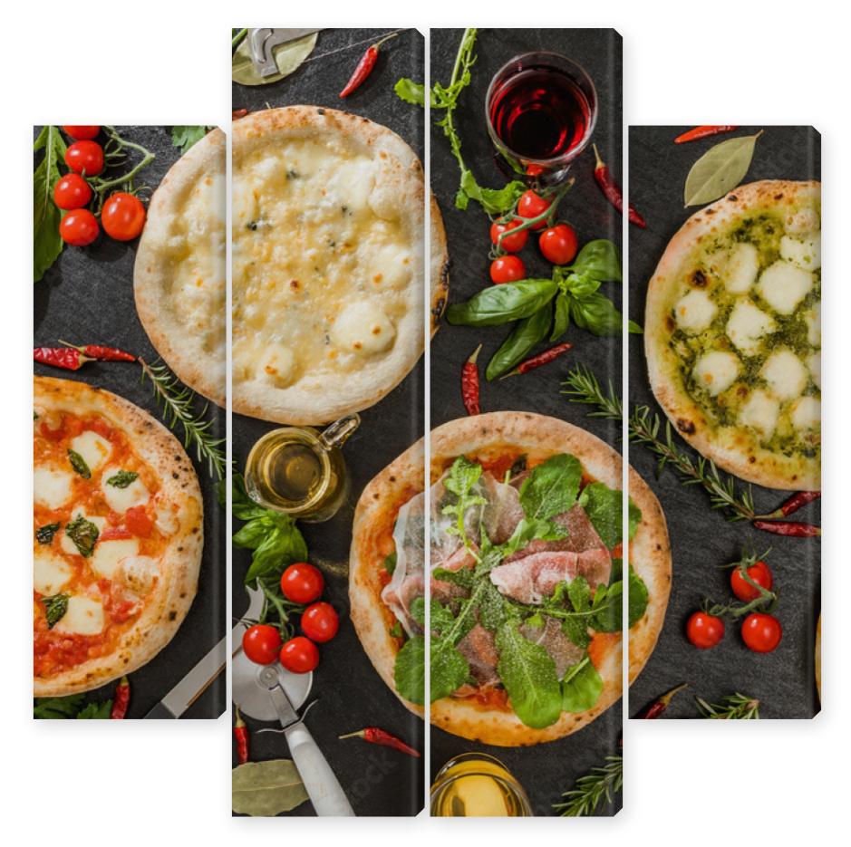 Obraz Kwadryptyk 一般的なピッツア　典型的なイタリア料理　Mix pizza ...