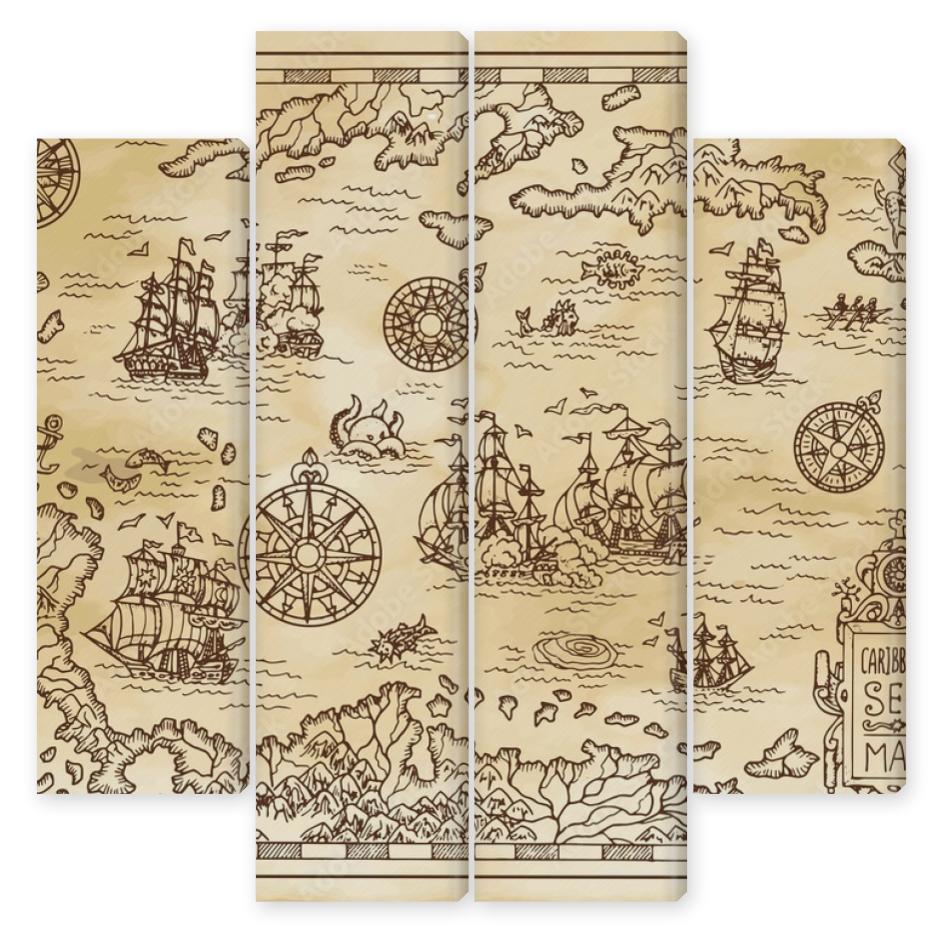 Obraz Kwadryptyk Ancient pirate map of the