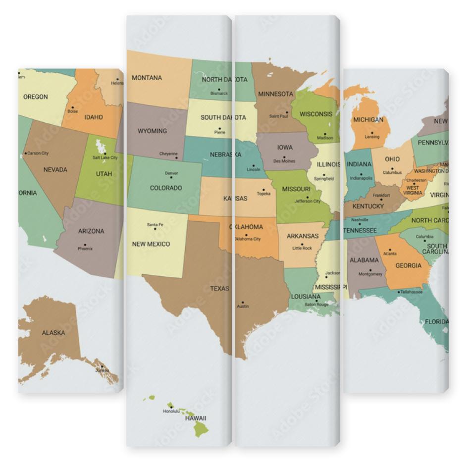 Obraz Kwadryptyk USA political map. Color