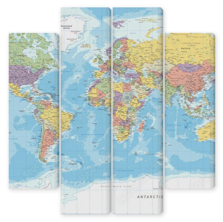 Obraz Kwadryptyk World Map - Political - Vector