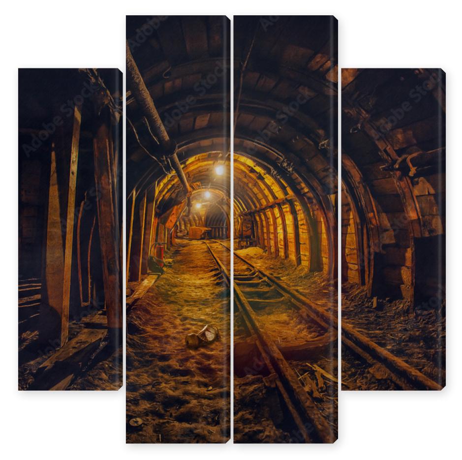Obraz Kwadryptyk Underground mining tunnel with