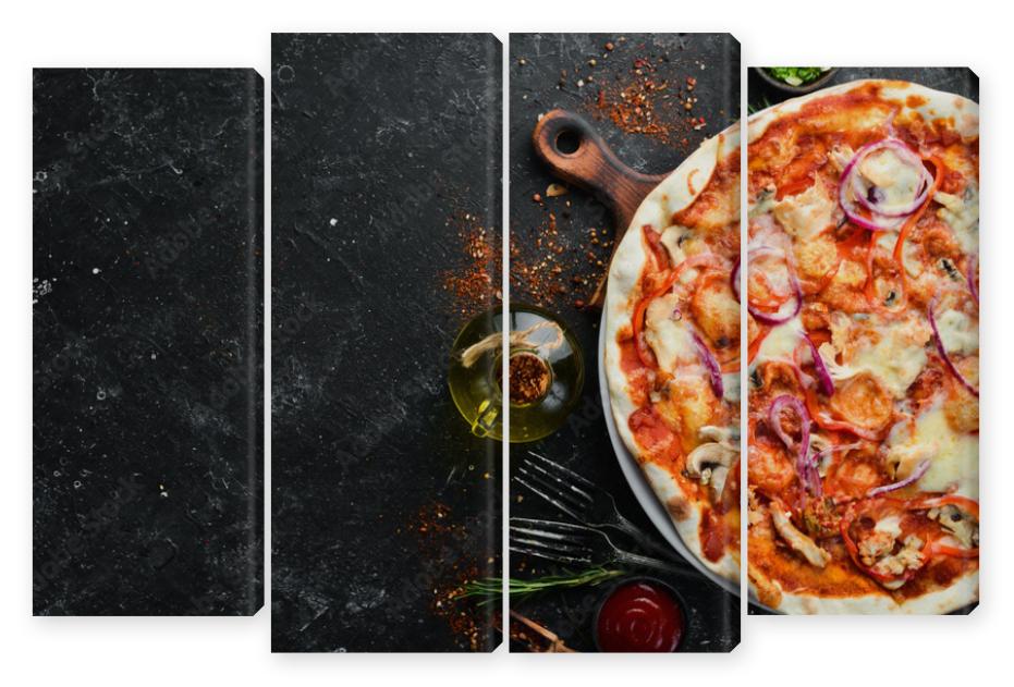 Obraz Kwadryptyk Homemade pizza on a black