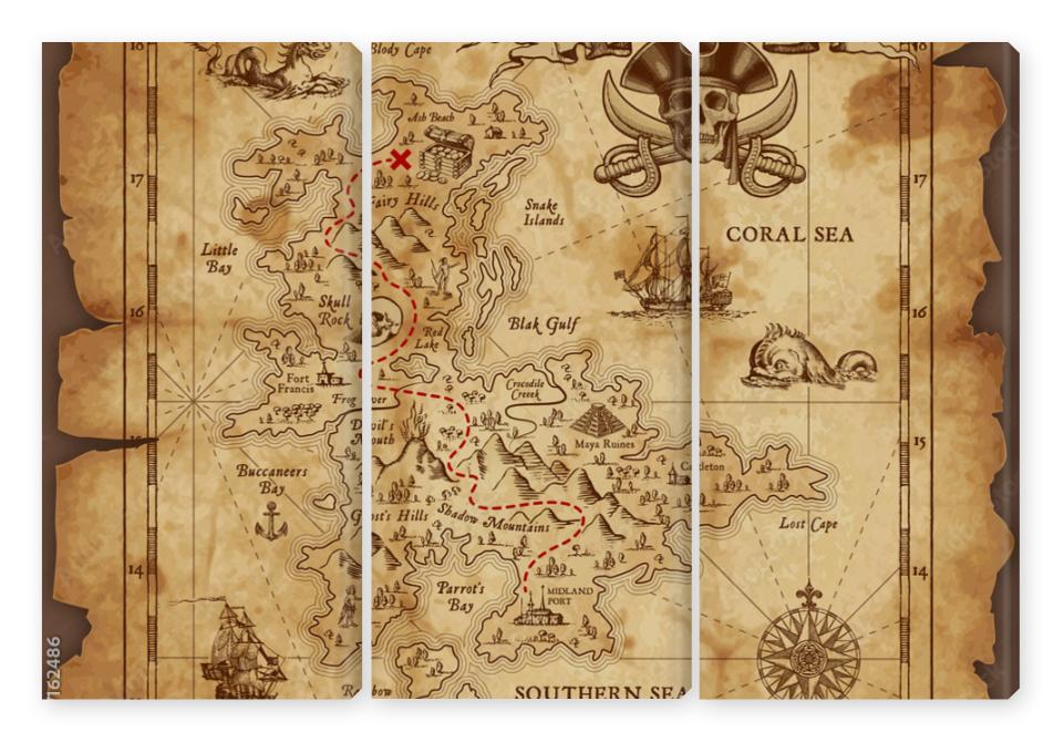 Obraz Tryptyk Vector Pirate Treasure Map