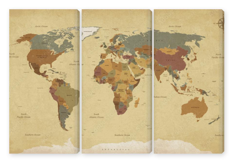 Obraz Tryptyk Textured vintage world map -