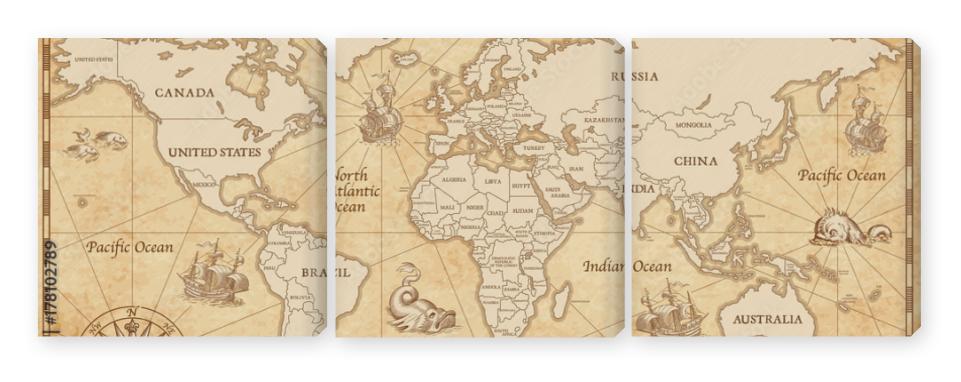 Obraz Tryptyk Old Vintage World Map